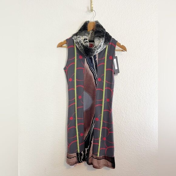 CUSTO BARCELONA Vintage Y2K Graphic Print MINI DRESS with faux fur NWT Sz 1 - Picture 2 of 10